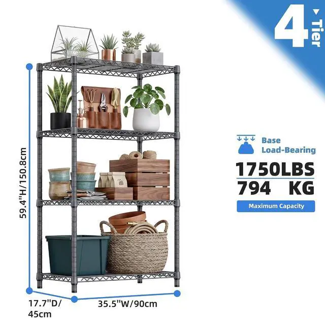Alt view image 3 of 7 - M 4 Tiers Storage Shelves Load 2640 LBS, Metal Shelving Wire Metal Shelving Unit Shelves for Storage Adjustable Garage Shelving for Pantry Kitchen Garage Chrome 17.7X 35.5 x 59.4 inch