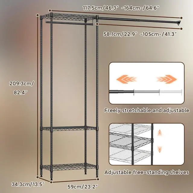 Alt view image 2 of 7 - Closet Organizer System, Freestanding Closet Storage System with Expandable Hanging Rod & Wire Shelves, No-Drill Closet Kit for Small Spaces, Bedroom & Apartment (13.8"D x 63.3"W x 82.4"H)