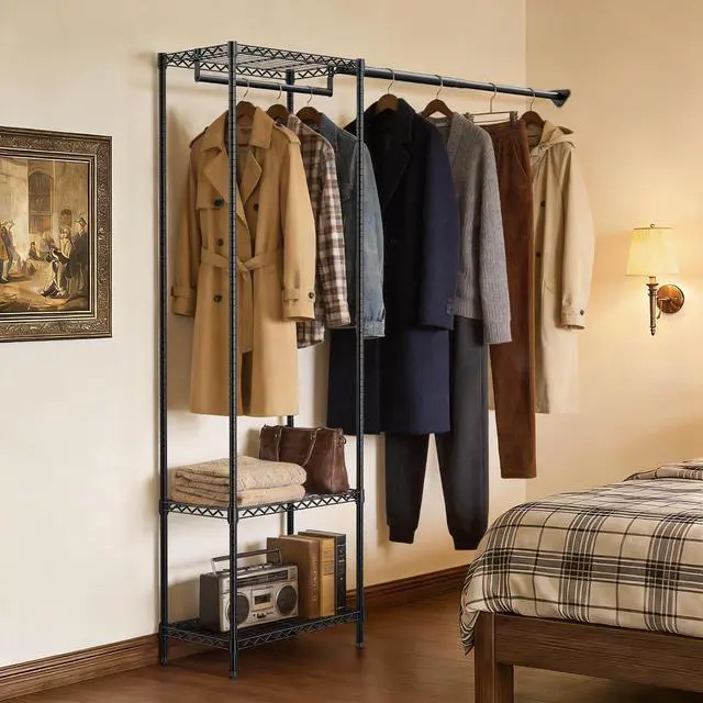 Alt view image 5 of 7 - Closet Organizer System, Freestanding Closet Storage System with Expandable Hanging Rod & Wire Shelves, No-Drill Closet Kit for Small Spaces, Bedroom & Apartment (13.8"D x 63.3"W x 82.4"H)