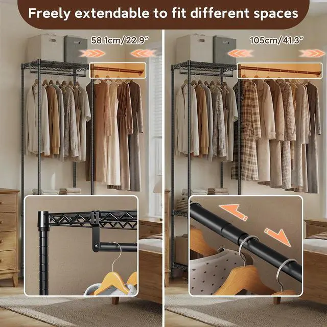 Alt view image 4 of 7 - Closet Organizer System, Freestanding Closet Storage System with Expandable Hanging Rod & Wire Shelves, No-Drill Closet Kit for Small Spaces, Bedroom & Apartment (13.8"D x 63.3"W x 82.4"H)