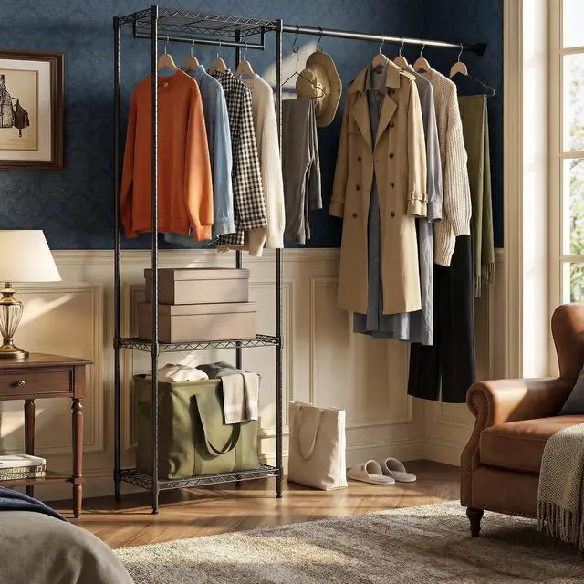 Alt view image 6 of 7 - Closet Organizer System, Freestanding Closet Storage System with Expandable Hanging Rod & Wire Shelves, No-Drill Closet Kit for Small Spaces, Bedroom & Apartment (13.8"D x 63.3"W x 82.4"H)