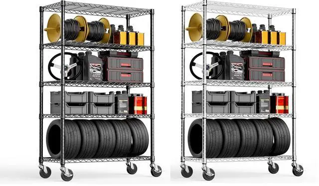 Main image of 2 PCS Steel Storage Shelving 17.7" D x 47.2" W x 76.7" H, 5-Tier Utility Shelving Unit with Wheels, Steel Organizer Wire Rack for Home,Kitchen,Office,GarageChrome+Black