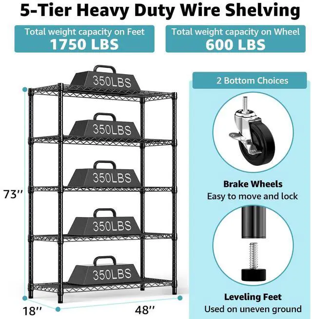 Alt view image 3 of 7 - 2 PCS Steel Storage Shelving 17.7" D x 47.2" W x 76.7" H, 5-Tier Utility Shelving Unit with Wheels, Steel Organizer Wire Rack for Home,Kitchen,Office,GarageChrome+Black