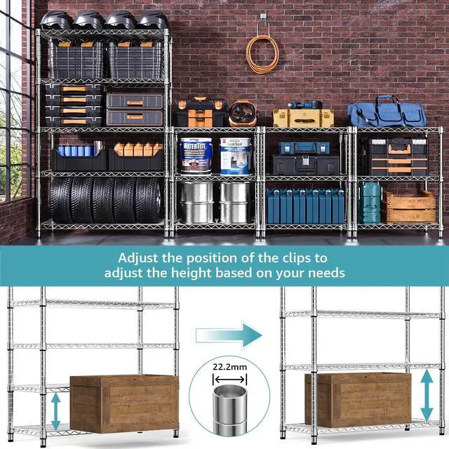 Alt view image 6 of 7 - 2 PCS Steel Storage Shelving 17.7" D x 47.2" W x 76.7" H, 5-Tier Utility Shelving Unit with Wheels, Steel Organizer Wire Rack for Home,Kitchen,Office,GarageChrome+Black