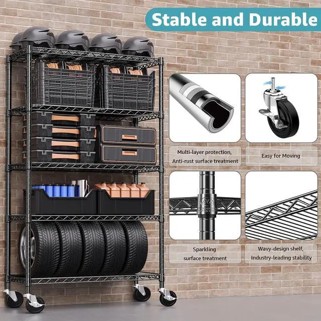 Alt view image 7 of 7 - 2 PCS Steel Storage Shelving 17.7" D x 47.2" W x 76.7" H, 5-Tier Utility Shelving Unit with Wheels, Steel Organizer Wire Rack for Home,Kitchen,Office,GarageChrome+Black