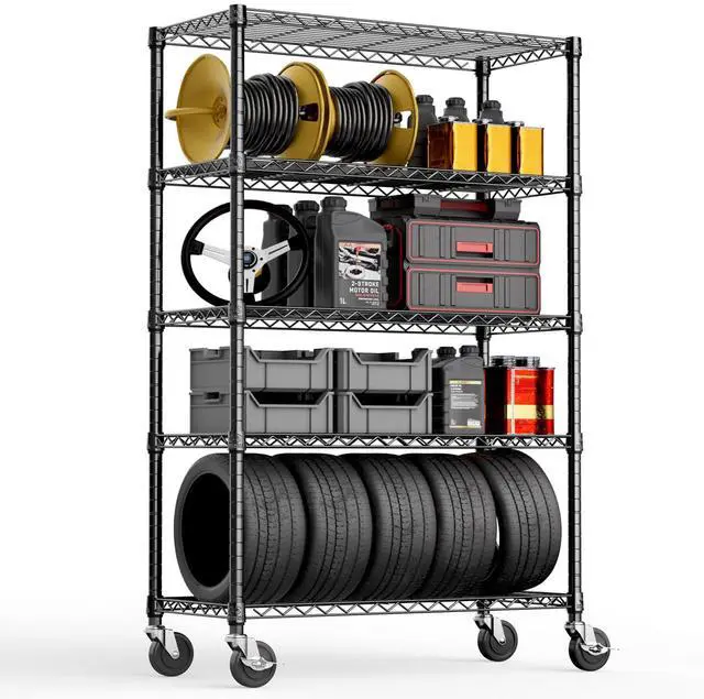 Alt view image 5 of 7 - 2 PCS Steel Storage Shelving 17.7" D x 47.2" W x 76.7" H, 5-Tier Utility Shelving Unit with Wheels, Steel Organizer Wire Rack for Home,Kitchen,Office,GarageChrome+Black