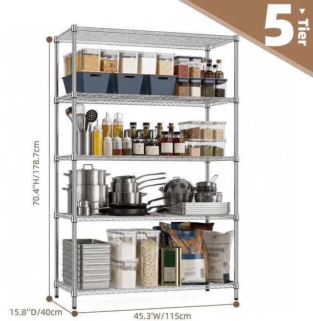 Alt view image 3 of 7 - M 5-Shelf Heavy Duty Garage Shelving Wire Adjustable Storage Rack for Kitchen Laundry Bathroom Pantry 1750 lbs Capacity Silver 15.8 x 45.3 x 70.4 Inch