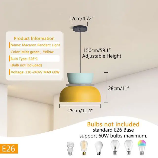 Alt view image 2 of 7 - Macaron Kitchen Island Pendant Light Boho Yellow Blue Lamp Shade Mid Century Modern Hanging Light Fixtures Nordic Retro Hanging Pendant Light for Entrance Laundry Room Breakfast Nook