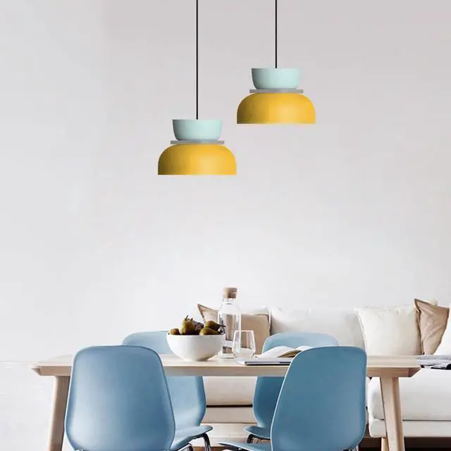 Alt view image 6 of 7 - Macaron Kitchen Island Pendant Light Boho Yellow Blue Lamp Shade Mid Century Modern Hanging Light Fixtures Nordic Retro Hanging Pendant Light for Entrance Laundry Room Breakfast Nook