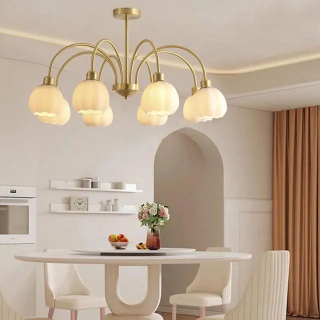 Alt view image 3 of 7 - 8-Lights Mid Century Glass Chandelier Modern Semi Flush Mount Light Sputnik Ceiling Pendant Light with White Globe Shade Gold Brass Chandelier Flush Mount lamp for Dining Room