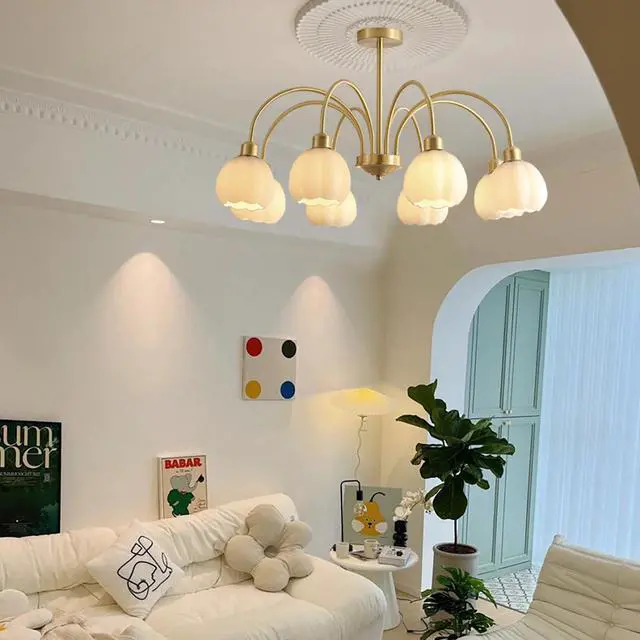 Alt view image 4 of 7 - 8-Lights Mid Century Glass Chandelier Modern Semi Flush Mount Light Sputnik Ceiling Pendant Light with White Globe Shade Gold Brass Chandelier Flush Mount lamp for Dining Room