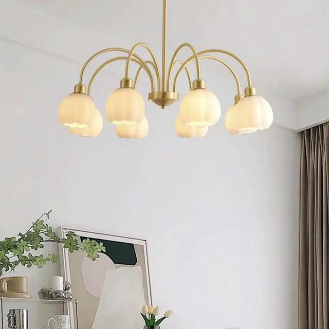 Alt view image 5 of 7 - 8-Lights Mid Century Glass Chandelier Modern Semi Flush Mount Light Sputnik Ceiling Pendant Light with White Globe Shade Gold Brass Chandelier Flush Mount lamp for Dining Room