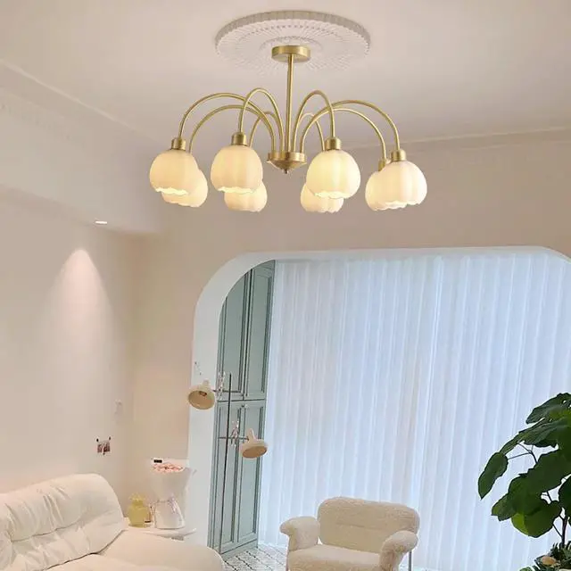 Alt view image 6 of 7 - 8-Lights Mid Century Glass Chandelier Modern Semi Flush Mount Light Sputnik Ceiling Pendant Light with White Globe Shade Gold Brass Chandelier Flush Mount lamp for Dining Room
