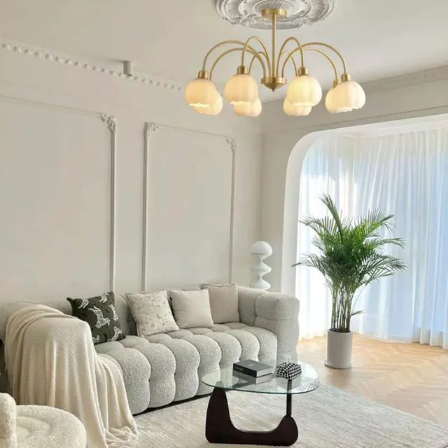 Alt view image 7 of 7 - 8-Lights Mid Century Glass Chandelier Modern Semi Flush Mount Light Sputnik Ceiling Pendant Light with White Globe Shade Gold Brass Chandelier Flush Mount lamp for Dining Room
