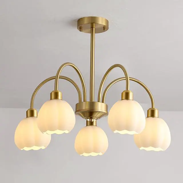 Main image of 5-Lights Mid Century Modern Chandelier Glass Ceiling Pendant Light Gold Globe Sputnik Chandelier Semi Flush Mount Light White Pumpkin Shade Design Kitchen Island Lighting Fixture (5-Lights)