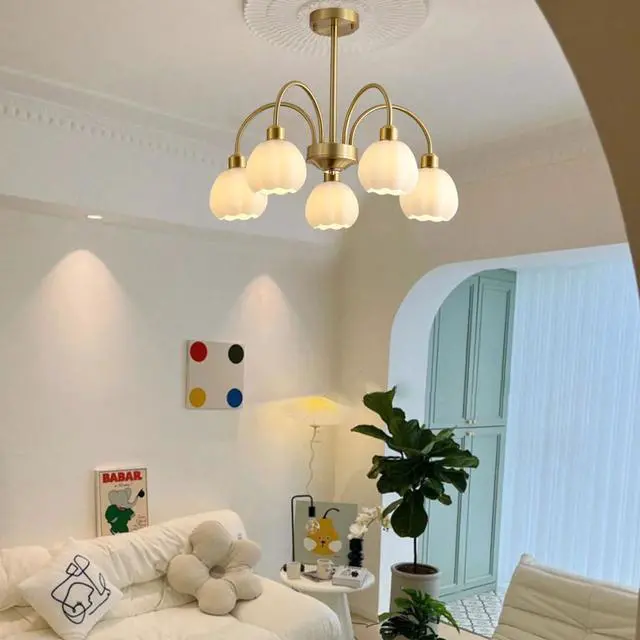 Alt view image 3 of 7 - 5-Lights Mid Century Modern Chandelier Glass Ceiling Pendant Light Gold Globe Sputnik Chandelier Semi Flush Mount Light White Pumpkin Shade Design Kitchen Island Lighting Fixture (5-Lights)