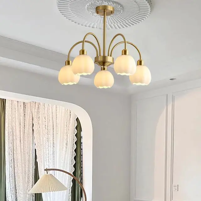 Alt view image 4 of 7 - 5-Lights Mid Century Modern Chandelier Glass Ceiling Pendant Light Gold Globe Sputnik Chandelier Semi Flush Mount Light White Pumpkin Shade Design Kitchen Island Lighting Fixture (5-Lights)