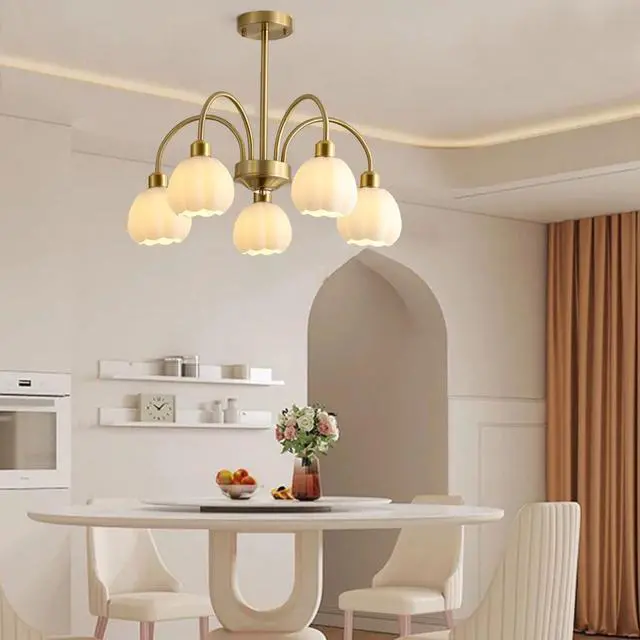 Alt view image 5 of 7 - 5-Lights Mid Century Modern Chandelier Glass Ceiling Pendant Light Gold Globe Sputnik Chandelier Semi Flush Mount Light White Pumpkin Shade Design Kitchen Island Lighting Fixture (5-Lights)