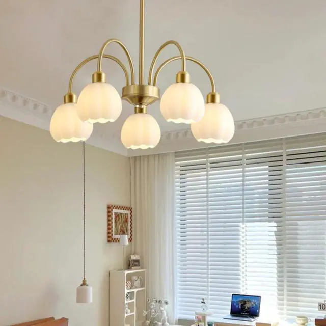 Alt view image 6 of 7 - 5-Lights Mid Century Modern Chandelier Glass Ceiling Pendant Light Gold Globe Sputnik Chandelier Semi Flush Mount Light White Pumpkin Shade Design Kitchen Island Lighting Fixture (5-Lights)