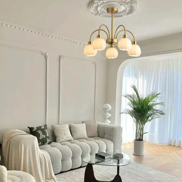 Alt view image 7 of 7 - 5-Lights Mid Century Modern Chandelier Glass Ceiling Pendant Light Gold Globe Sputnik Chandelier Semi Flush Mount Light White Pumpkin Shade Design Kitchen Island Lighting Fixture (5-Lights)