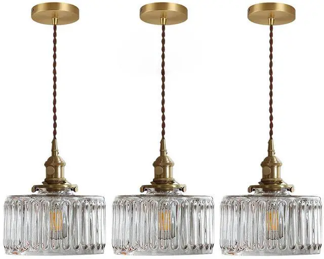 Main image of Glass Hanging Lights Kitchen Island Brushed Gold Ceiling Pendant Light Clear Round Light Fixture Striped Glass Shade Vintage Modern Pendant Lighting Chandelier Farmhouse Dining Room