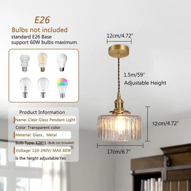 Alt view image 2 of 7 - Small Pendant Light Fixtures One-Light Mid Century Ceiling Hanging Light Clear Striped Glass Shade Gold Pendant Lamp for Living Room Bedroom Dining Room Hallway(Clear)