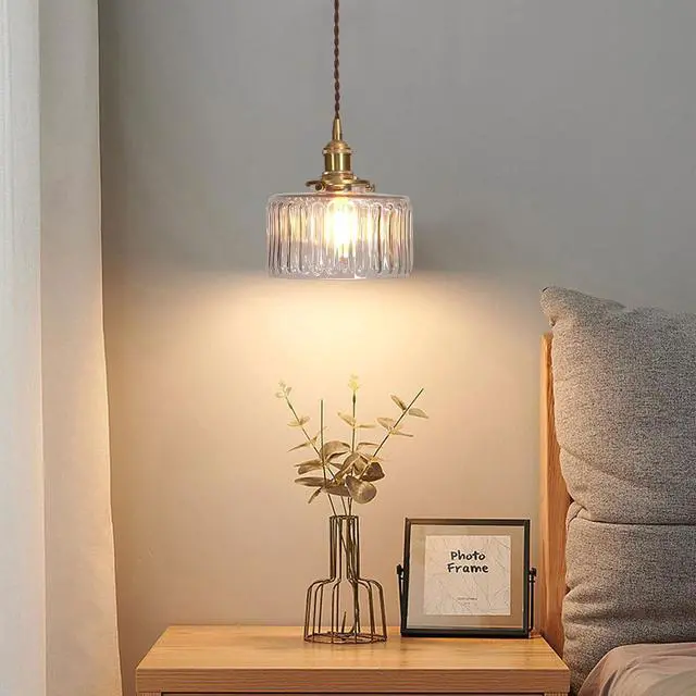 Alt view image 4 of 7 - Small Pendant Light Fixtures One-Light Mid Century Ceiling Hanging Light Clear Striped Glass Shade Gold Pendant Lamp for Living Room Bedroom Dining Room Hallway(Clear)