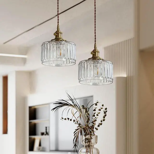 Alt view image 5 of 7 - Small Pendant Light Fixtures One-Light Mid Century Ceiling Hanging Light Clear Striped Glass Shade Gold Pendant Lamp for Living Room Bedroom Dining Room Hallway(Clear)