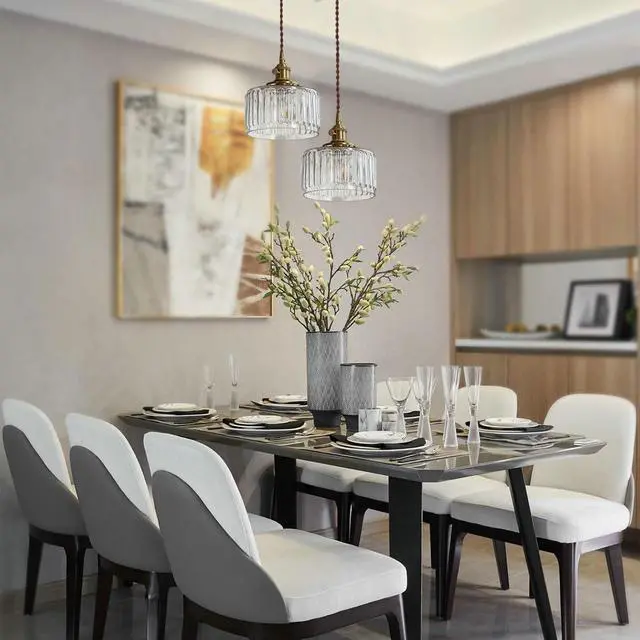 Alt view image 6 of 7 - Small Pendant Light Fixtures One-Light Mid Century Ceiling Hanging Light Clear Striped Glass Shade Gold Pendant Lamp for Living Room Bedroom Dining Room Hallway(Clear)