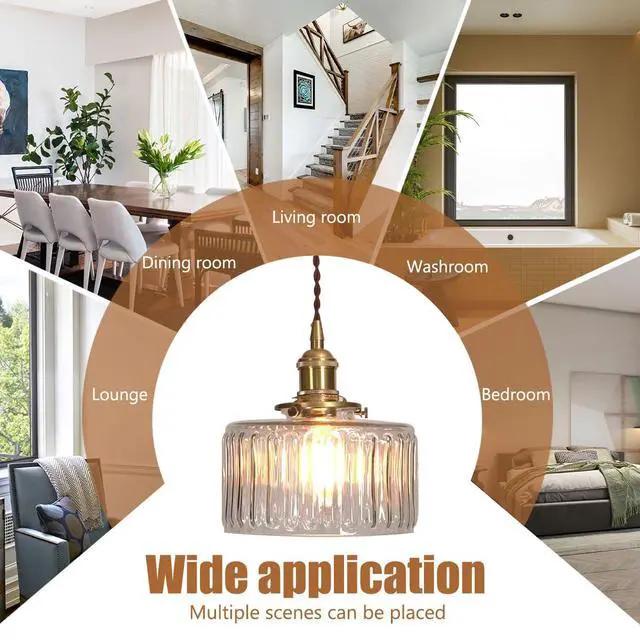 Alt view image 7 of 7 - Glass Hanging Lights Kitchen Island Brushed Gold Ceiling Pendant Light Clear Round Light Fixture Striped Glass Shade Vintage Modern Pendant Lighting Chandelier Farmhouse Dining Room