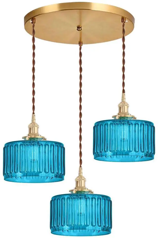 Main image of Mid Century 3-Light Blue Glass Chandelier Globe Cluster Chandeliers with Striped Round Shade Modern Large Glass Ceiling Pendant Light Fixtures for Kitchen Island Staircase Dining Room