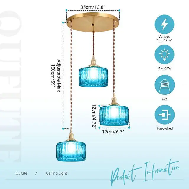 Alt view image 2 of 7 - Mid Century 3-Light Blue Glass Chandelier Globe Cluster Chandeliers with Striped Round Shade Modern Large Glass Ceiling Pendant Light Fixtures for Kitchen Island Staircase Dining Room