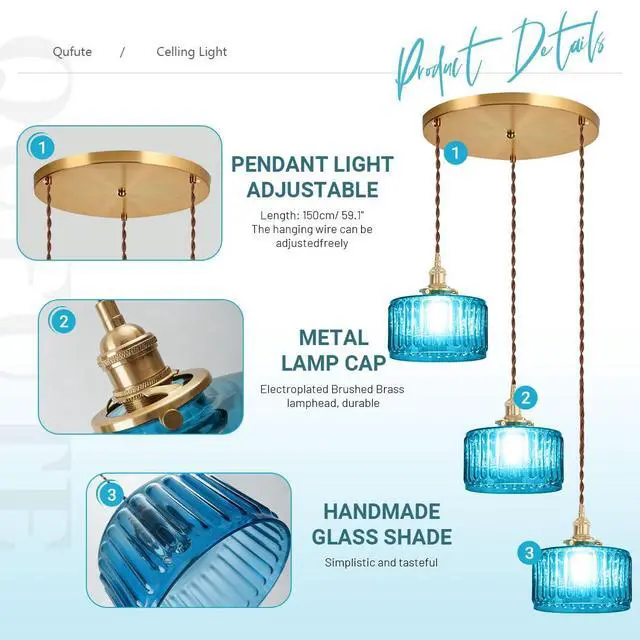 Alt view image 3 of 7 - Mid Century 3-Light Blue Glass Chandelier Globe Cluster Chandeliers with Striped Round Shade Modern Large Glass Ceiling Pendant Light Fixtures for Kitchen Island Staircase Dining Room