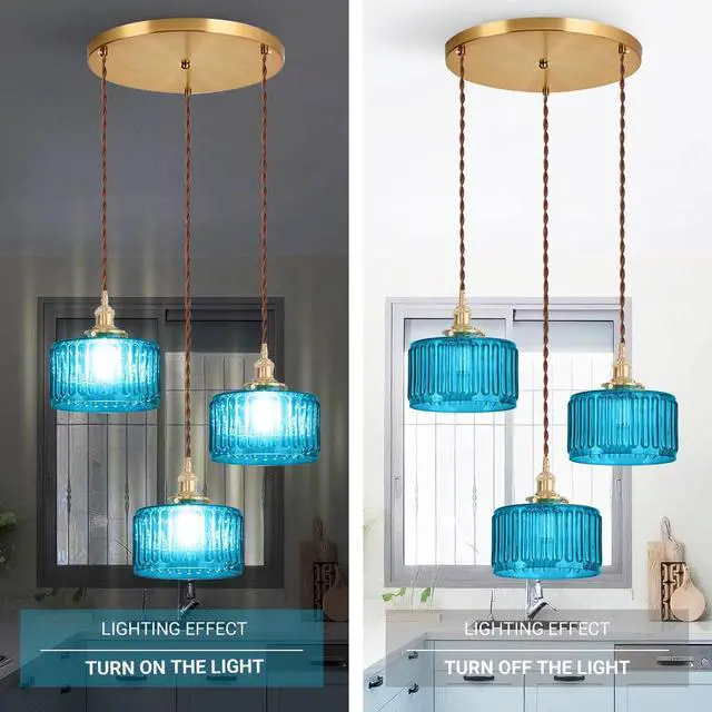 Alt view image 4 of 7 - Mid Century 3-Light Blue Glass Chandelier Globe Cluster Chandeliers with Striped Round Shade Modern Large Glass Ceiling Pendant Light Fixtures for Kitchen Island Staircase Dining Room