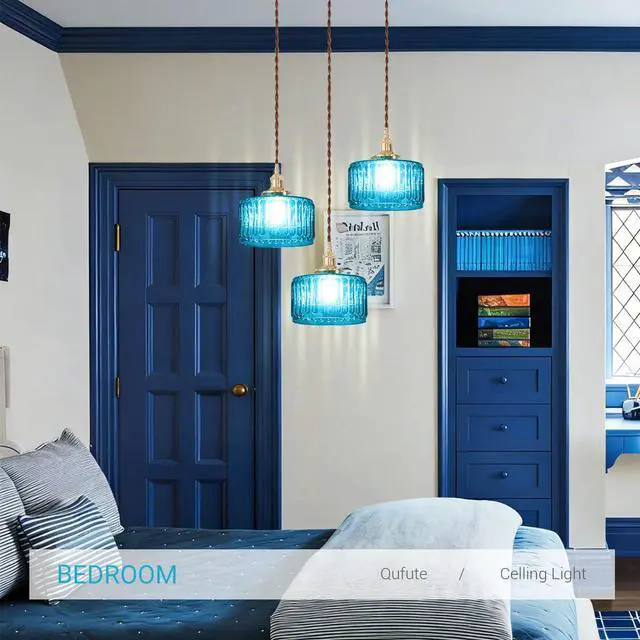 Alt view image 5 of 7 - Mid Century 3-Light Blue Glass Chandelier Globe Cluster Chandeliers with Striped Round Shade Modern Large Glass Ceiling Pendant Light Fixtures for Kitchen Island Staircase Dining Room
