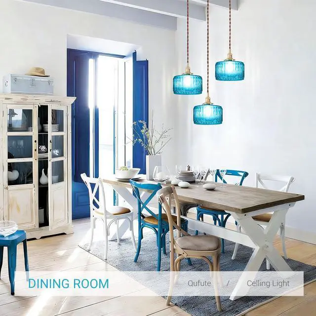 Alt view image 6 of 7 - Mid Century 3-Light Blue Glass Chandelier Globe Cluster Chandeliers with Striped Round Shade Modern Large Glass Ceiling Pendant Light Fixtures for Kitchen Island Staircase Dining Room