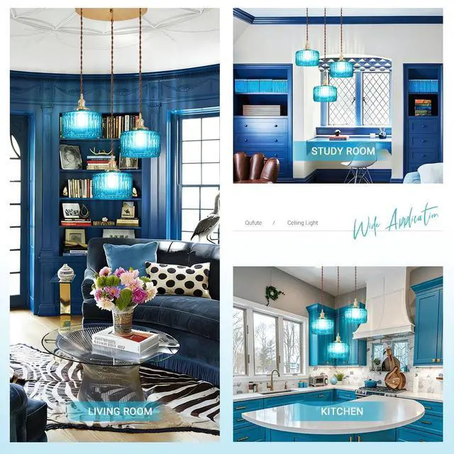 Alt view image 7 of 7 - Mid Century 3-Light Blue Glass Chandelier Globe Cluster Chandeliers with Striped Round Shade Modern Large Glass Ceiling Pendant Light Fixtures for Kitchen Island Staircase Dining Room
