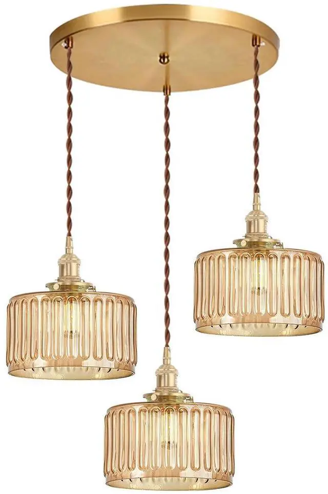 Main image of Amber Chandelier Mid-Century Modern Chandelier 3-Light Glass Globes Vintage Gold Brass Finish Striped Glass Hanging Pendant Lights Dining Room Semi Flush Mount Ceiling Light Fixture