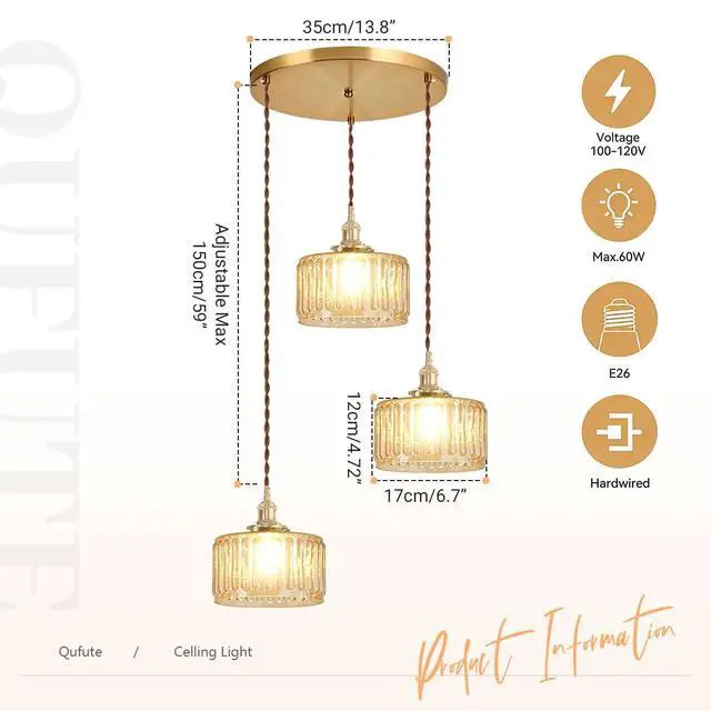 Alt view image 2 of 7 - Amber Chandelier Mid-Century Modern Chandelier 3-Light Glass Globes Vintage Gold Brass Finish Striped Glass Hanging Pendant Lights Dining Room Semi Flush Mount Ceiling Light Fixture