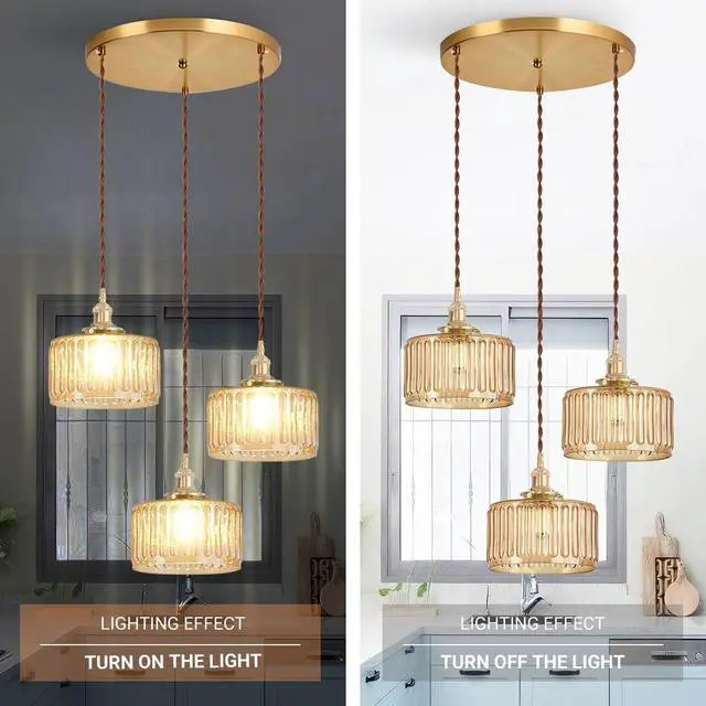 Alt view image 3 of 7 - Amber Chandelier Mid-Century Modern Chandelier 3-Light Glass Globes Vintage Gold Brass Finish Striped Glass Hanging Pendant Lights Dining Room Semi Flush Mount Ceiling Light Fixture