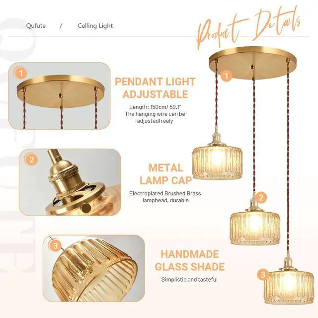 Alt view image 4 of 7 - Amber Chandelier Mid-Century Modern Chandelier 3-Light Glass Globes Vintage Gold Brass Finish Striped Glass Hanging Pendant Lights Dining Room Semi Flush Mount Ceiling Light Fixture