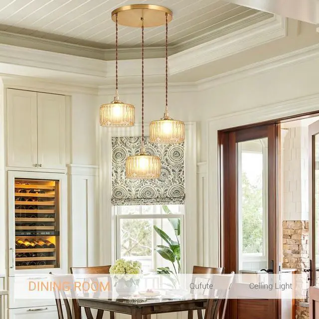 Alt view image 6 of 7 - Amber Chandelier Mid-Century Modern Chandelier 3-Light Glass Globes Vintage Gold Brass Finish Striped Glass Hanging Pendant Lights Dining Room Semi Flush Mount Ceiling Light Fixture