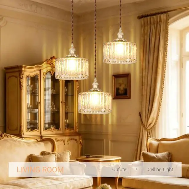 Alt view image 5 of 7 - Amber Chandelier Mid-Century Modern Chandelier 3-Light Glass Globes Vintage Gold Brass Finish Striped Glass Hanging Pendant Lights Dining Room Semi Flush Mount Ceiling Light Fixture