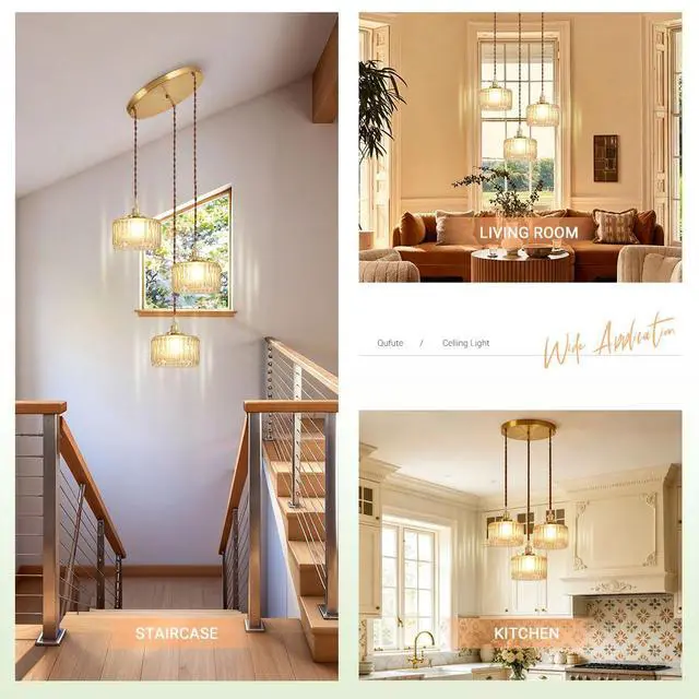 Alt view image 7 of 7 - Amber Chandelier Mid-Century Modern Chandelier 3-Light Glass Globes Vintage Gold Brass Finish Striped Glass Hanging Pendant Lights Dining Room Semi Flush Mount Ceiling Light Fixture