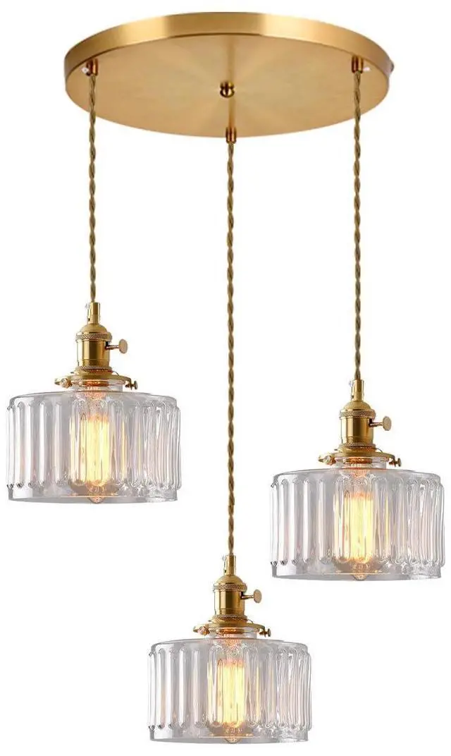 Main image of Clear Pendant Light Fixtures mid Century Modern Chandeliers | Clear Striped Glass Shade vintage Glass pendant lights Gold Pendant Lamp Bedroom Living Dining Room Hallway 3-Lights