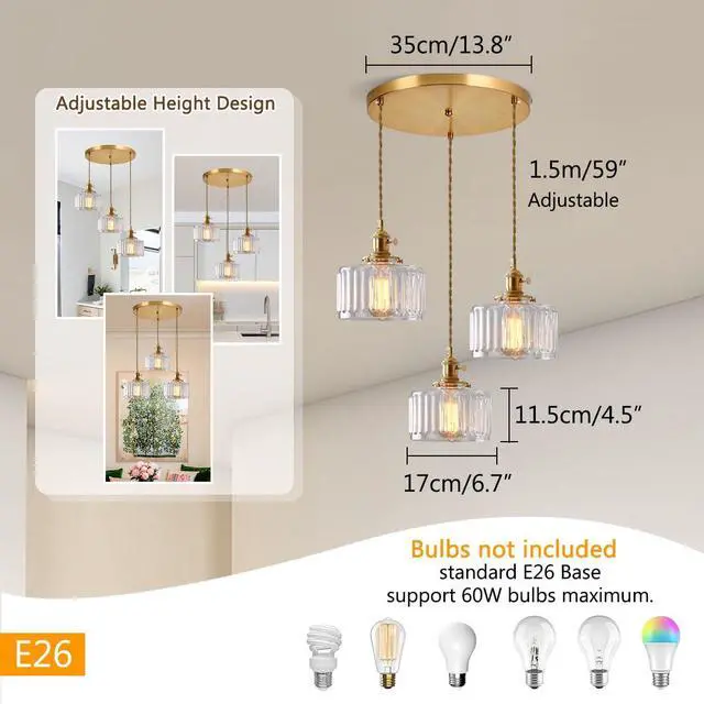 Alt view image 2 of 7 - Clear Pendant Light Fixtures mid Century Modern Chandeliers | Clear Striped Glass Shade vintage Glass pendant lights Gold Pendant Lamp Bedroom Living Dining Room Hallway 3-Lights