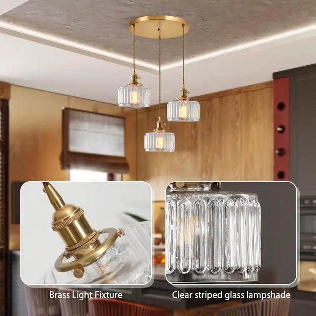 Alt view image 5 of 7 - Clear Pendant Light Fixtures mid Century Modern Chandeliers | Clear Striped Glass Shade vintage Glass pendant lights Gold Pendant Lamp Bedroom Living Dining Room Hallway 3-Lights