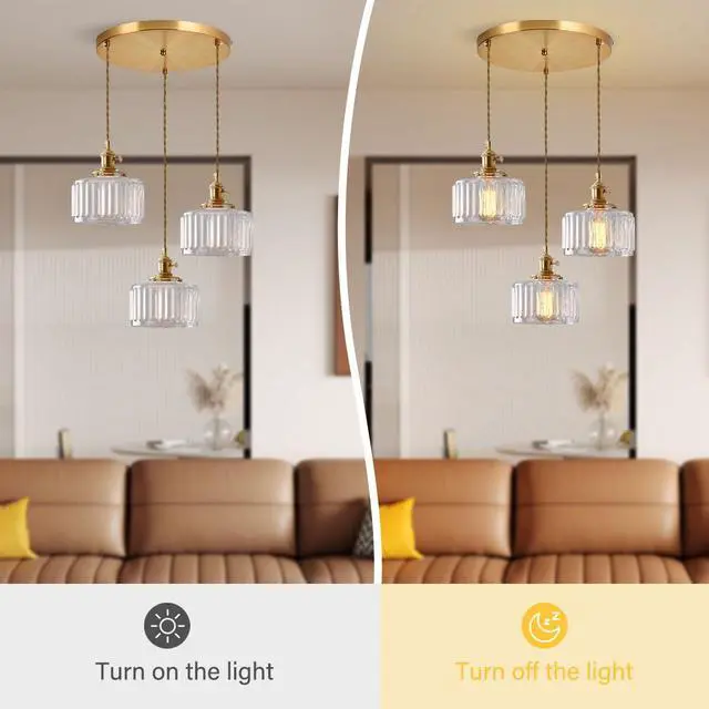 Alt view image 4 of 7 - Cluster 3-Light Kitchen Sink Chandelier Glass Ceiling Pendant Light | Clear Striped Glass Shade Mid Century Modern Chandelier Brushed Gold Brass Hanging Light Fixture Multi Chandelier Dining room