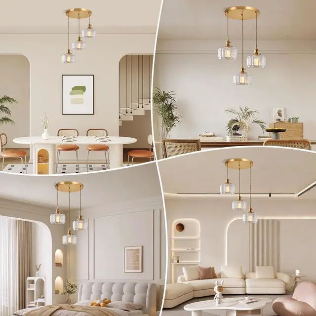 Alt view image 3 of 7 - Clear Pendant Light Fixtures mid Century Modern Chandeliers | Clear Striped Glass Shade vintage Glass pendant lights Gold Pendant Lamp Bedroom Living Dining Room Hallway 3-Lights