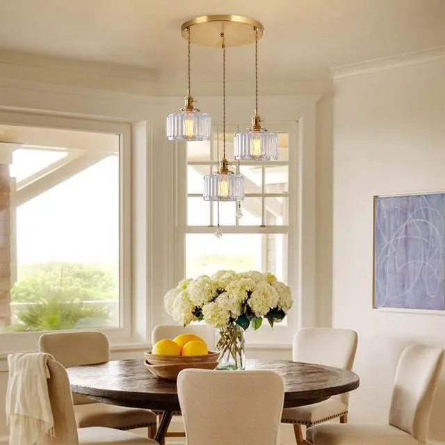 Alt view image 7 of 7 - Clear Pendant Light Fixtures mid Century Modern Chandeliers | Clear Striped Glass Shade vintage Glass pendant lights Gold Pendant Lamp Bedroom Living Dining Room Hallway 3-Lights